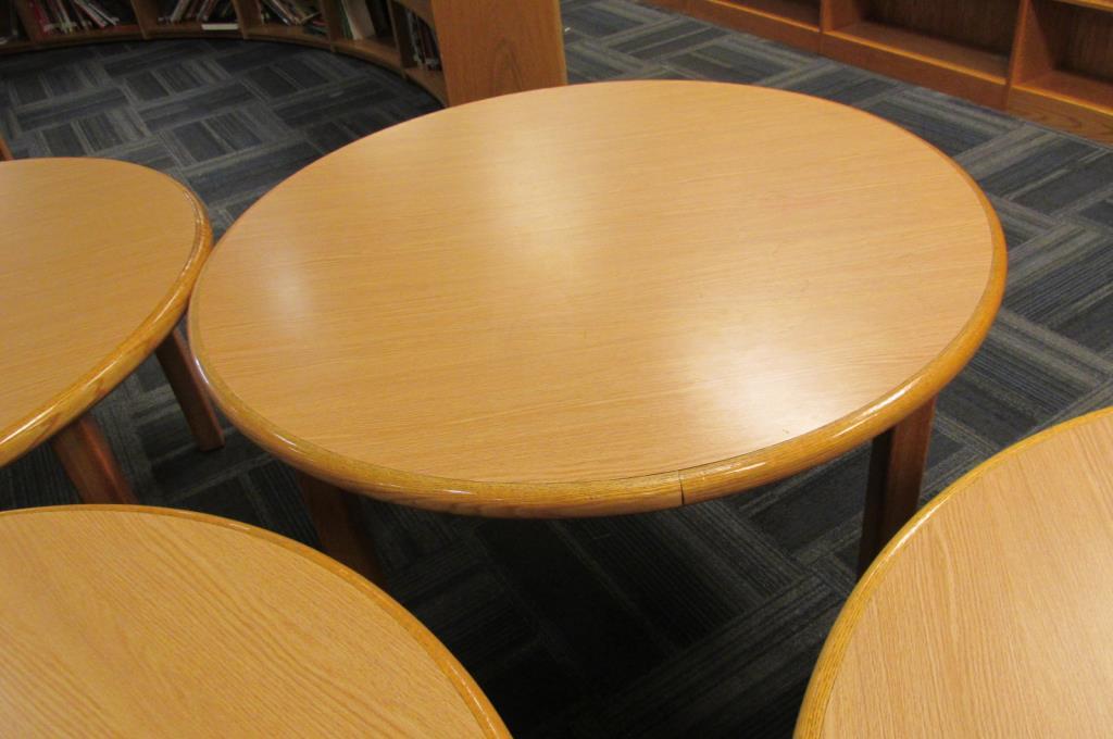 (4) Round Blonde Wood Tables - L