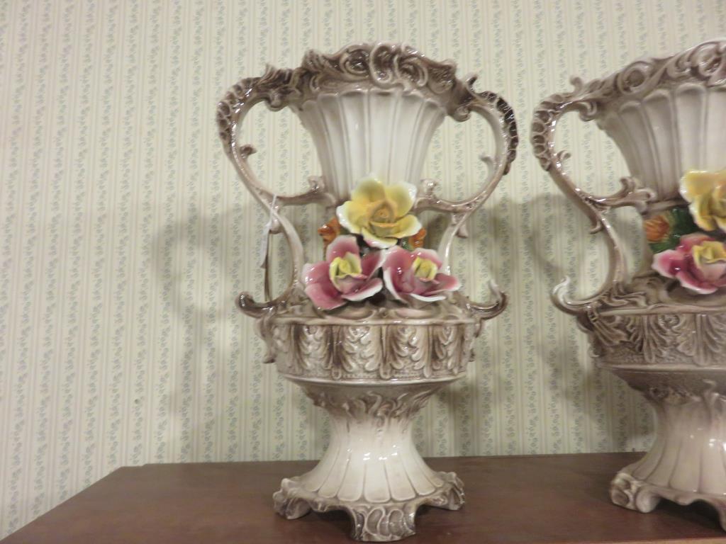 Pair Of Capodimonte Porcelain Floral Handled Vases  - FF-3