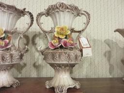 Pair Of Capodimonte Porcelain Floral Handled Vases  - FF-3