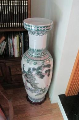 Large Decorative Peacock Vase With Wood Base  -