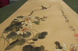 Hand Painted Scroll Of Bird On Branch With Flute & Hand Painted Silk - G