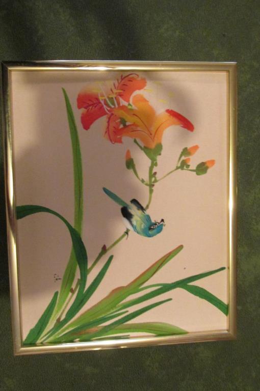 Hand Painted Scroll Of Bird On Branch With Flute & Hand Painted Silk - G