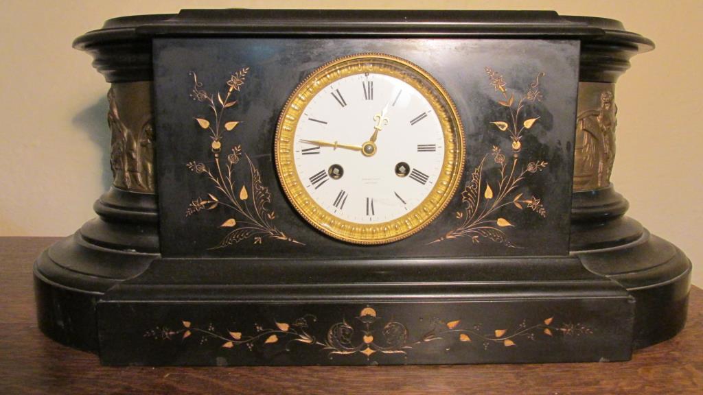 Antique Tiffany & Co., New York, Black Marble & Brass Mantle Clock - LR