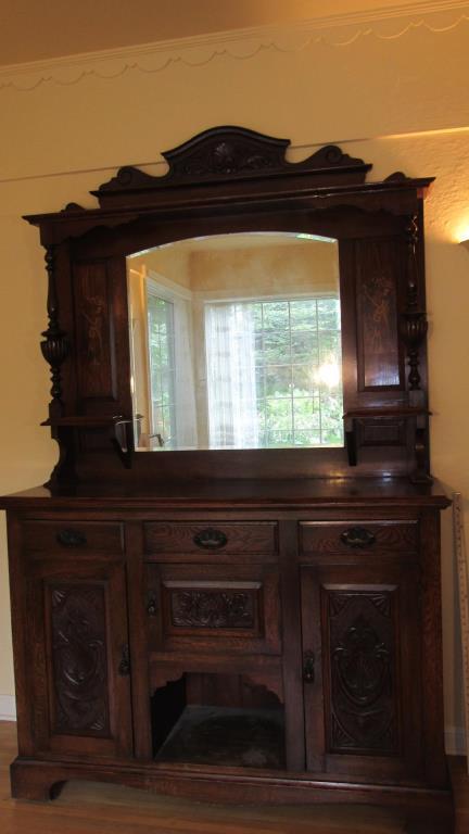 Hand Carved Solid Oak Buffet With Bevel Mirror - DR