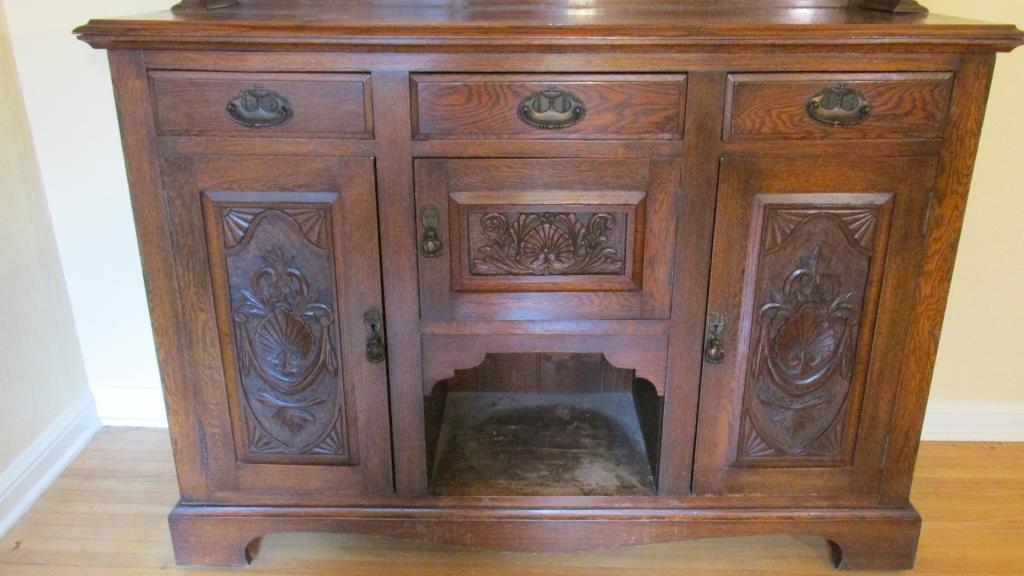 Hand Carved Solid Oak Buffet With Bevel Mirror - DR