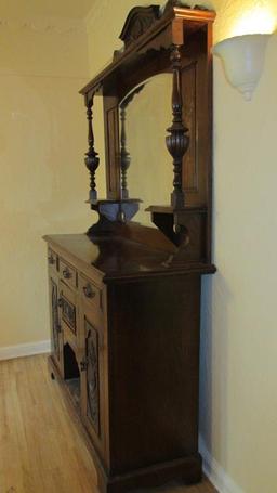 Hand Carved Solid Oak Buffet With Bevel Mirror - DR