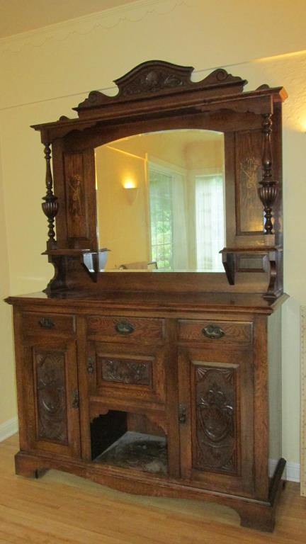 Hand Carved Solid Oak Buffet With Bevel Mirror - DR