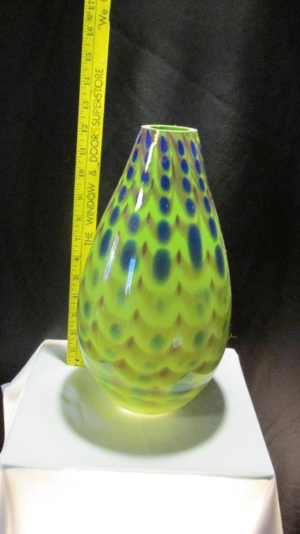Tall Green, Blue, & Tan Glass Vase -
