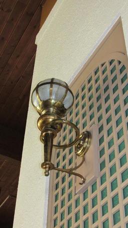 Pair Of Antique Brass With Globe Wall Sconces - A