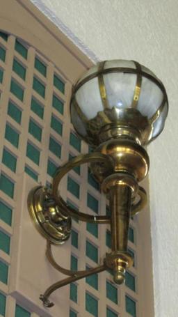 Pair Of Antique Brass With Globe Wall Sconces - A