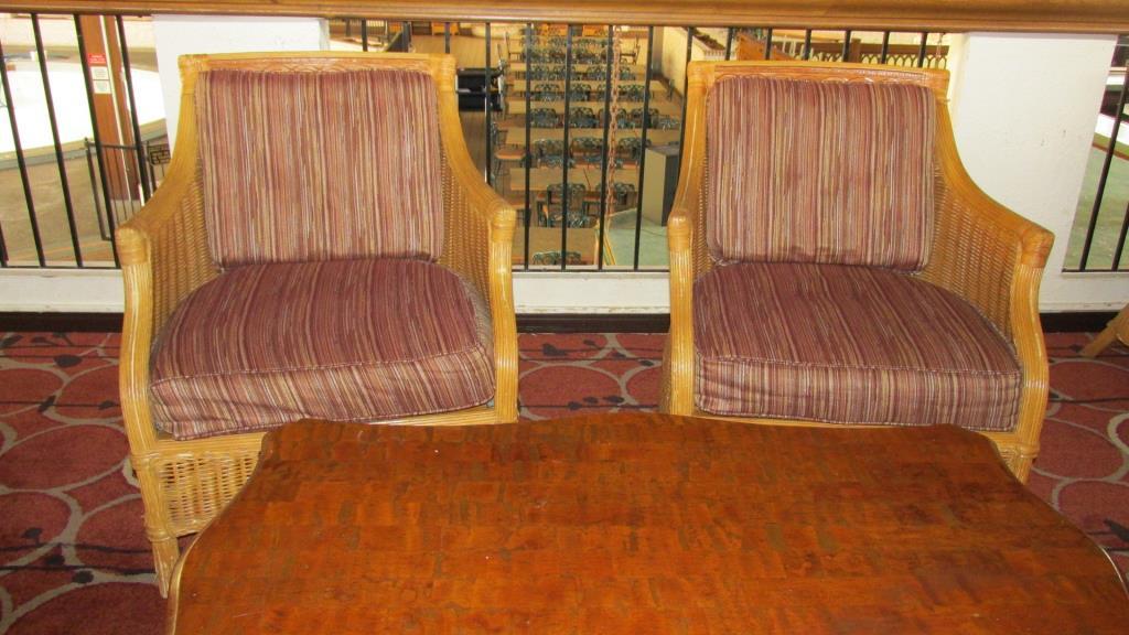 (4) Wicker Chairs With Cushions & Coffee Tables -