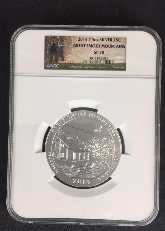 2014 P 5 oz. Silver 25C Great Smoky Mountains SP70-W