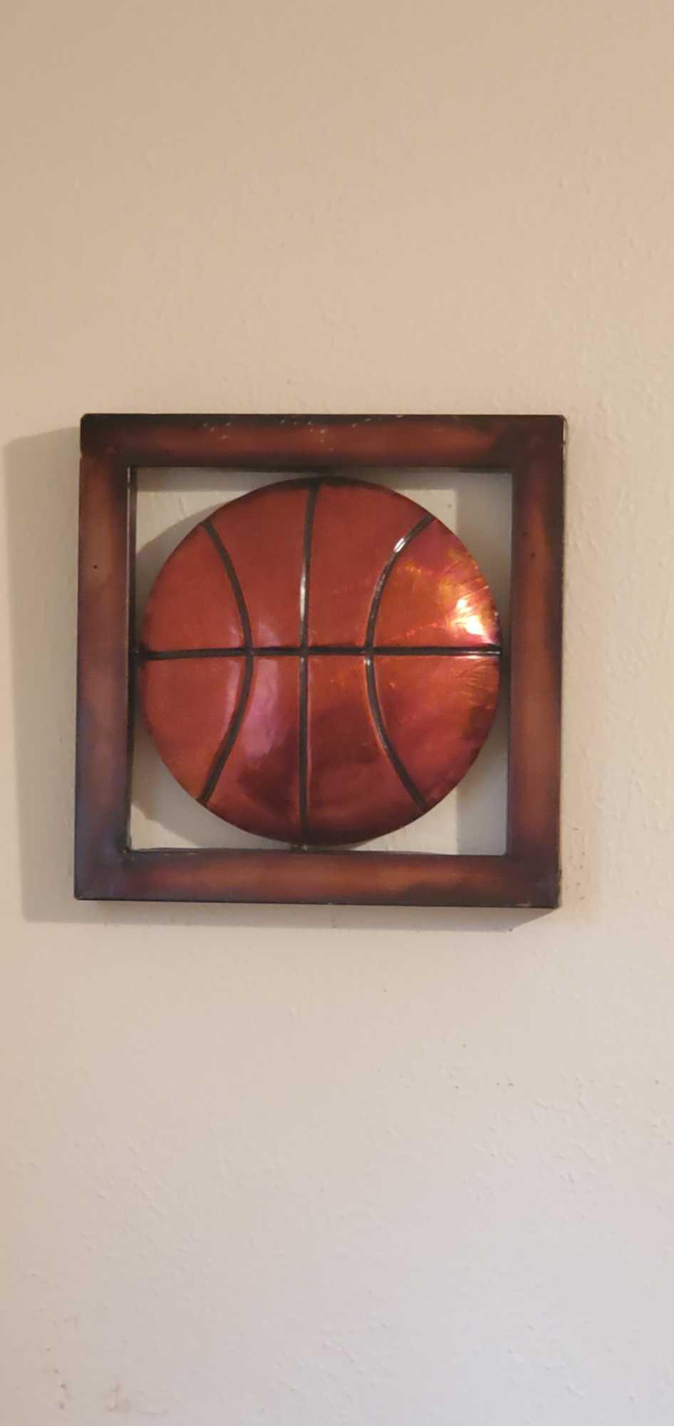 U- Wicker Headboard, Bed Frame, (2) Tables, (2) Lamp, Framed Metal Basketball