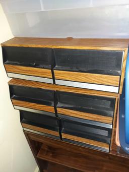 U- Box fan ,VHS cabinet drawers, Plastic storage containers, television cart/bookcase