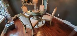 DR- Glass Top Pedestal Dining Table with 4 Chairs & Rug