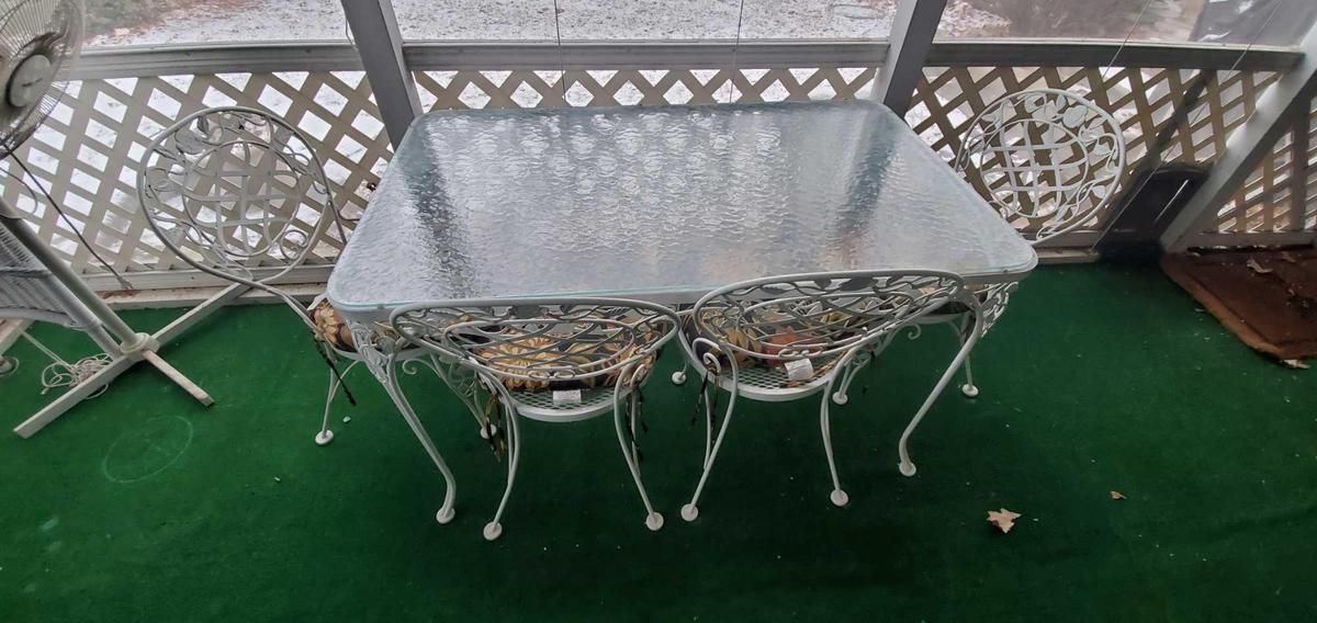 Porch- Glass Top Wought Iron Table & (4) Chairs