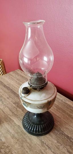 D- Antique Hand Painted Porcelain Oil Lamp with Black Milk Glass Base