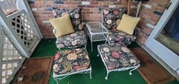 P- Set of (2) Wrought Iron Chairs, Glass Top Table & (2) Ottomans