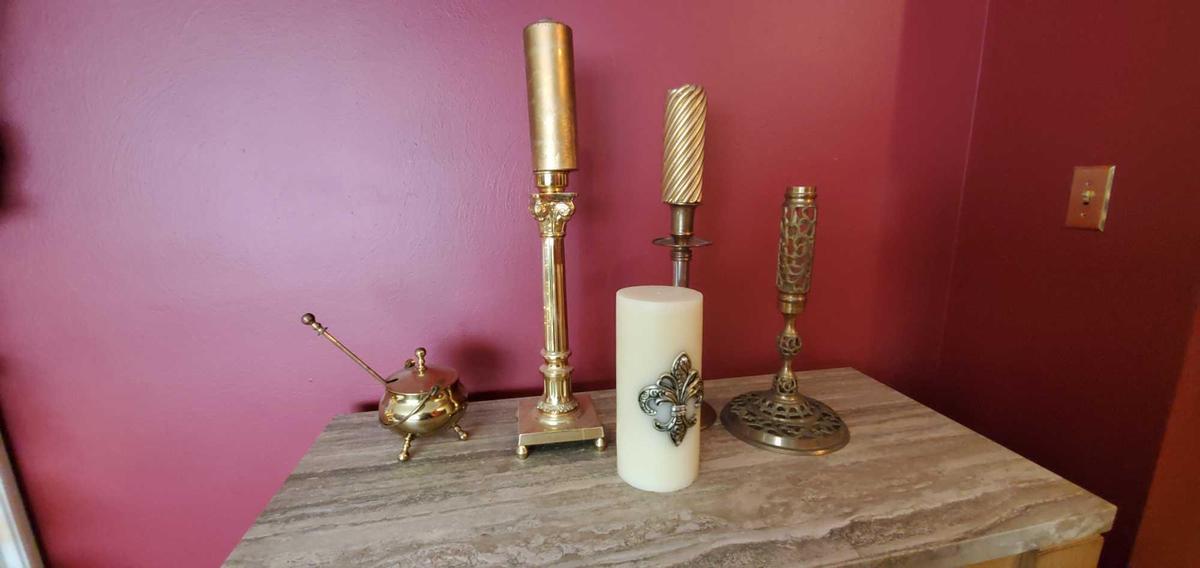 L- Candlesticks, Pillar, Brass Mortar & Pedestal