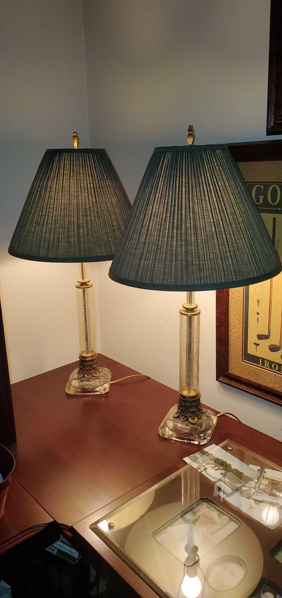 O- Pair of Lamps with Etched Glass