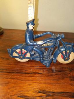 LR- Antique Cast Iron Hubley Police Motorcycle