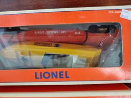 G2- (3) Lionel Electric Trains L.A. County Flatcar, Flatcar with Loader, Flatcar with Airplane