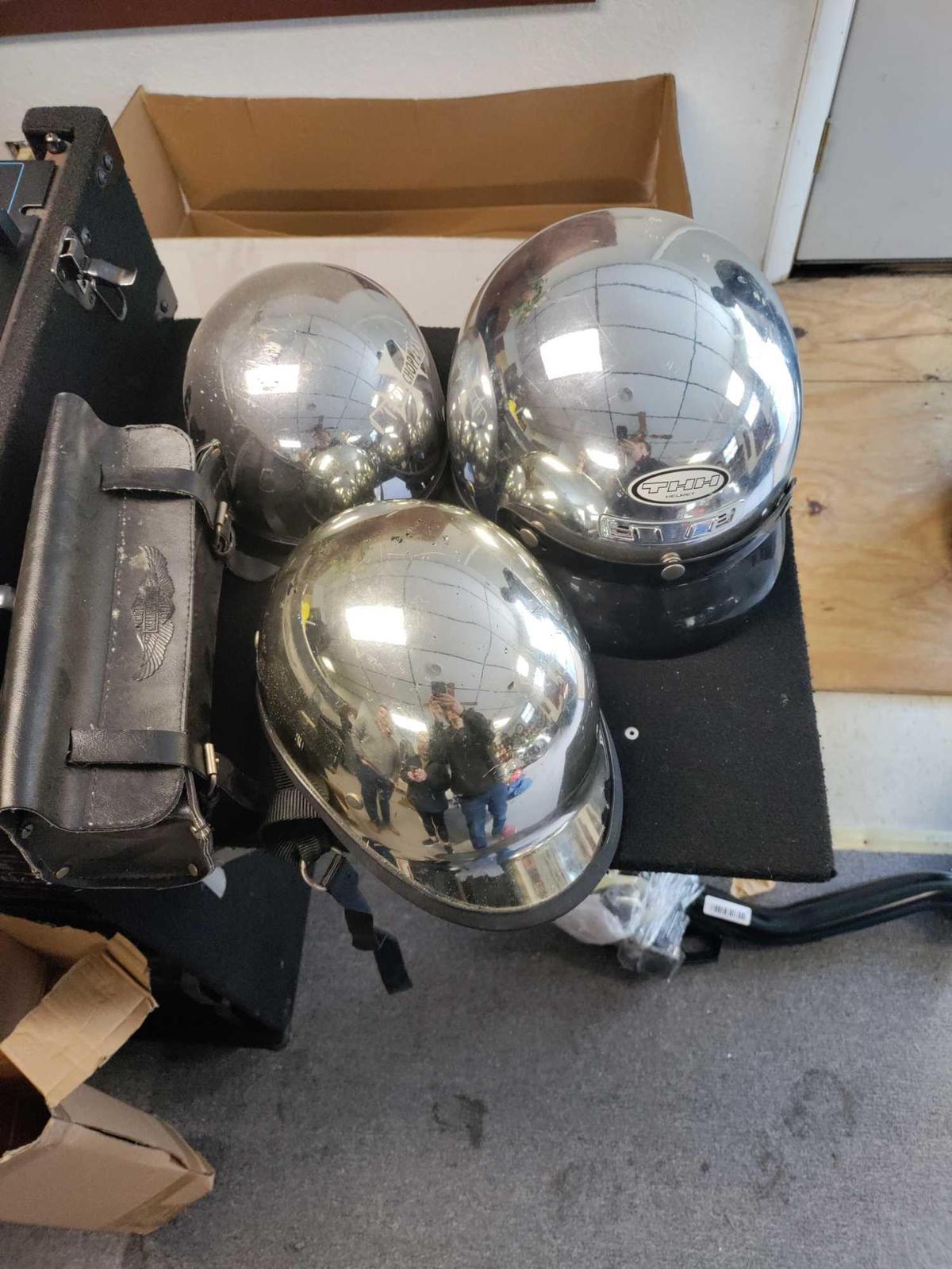 G- (3) Chrome Bike Helmets and Harley Davidson Travel Bag