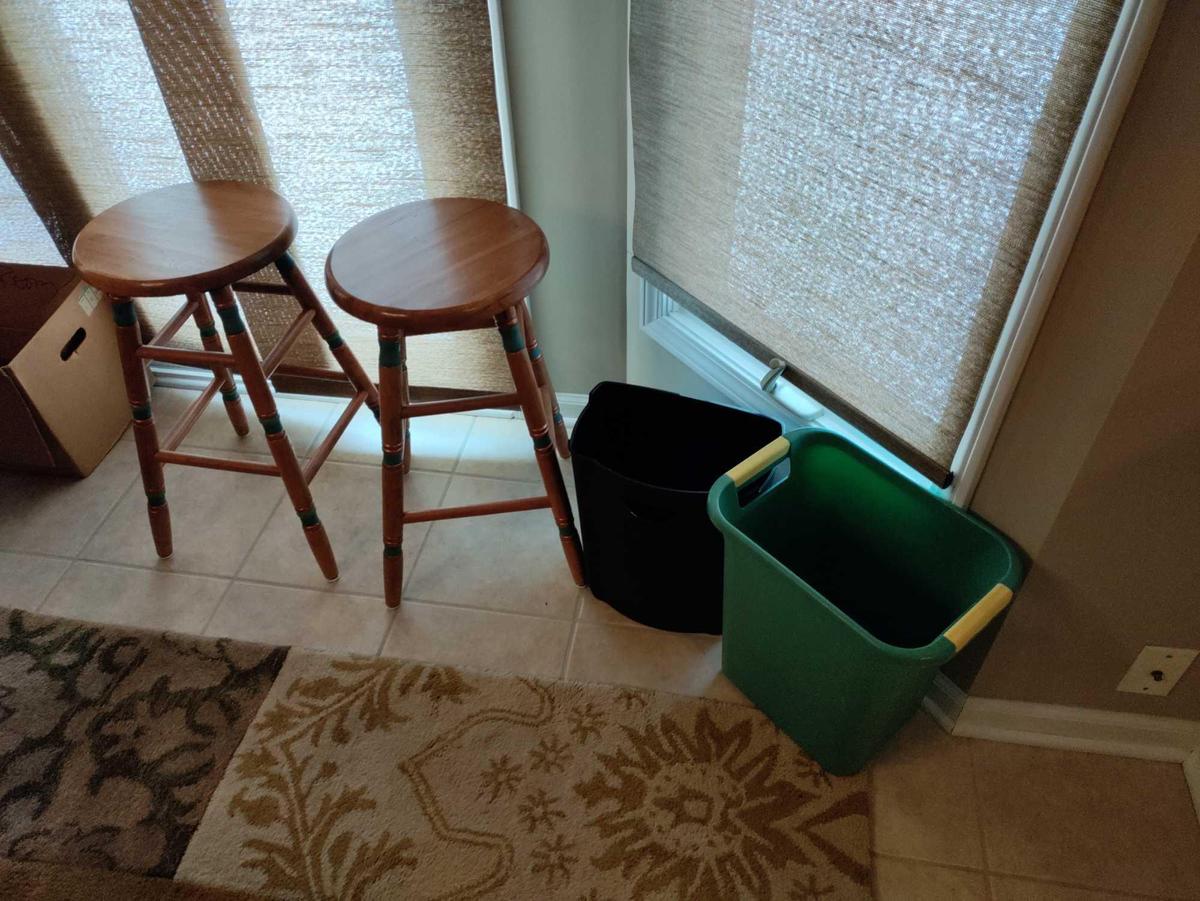 K- (2) Wood Counter Stools and Trash Cans