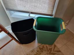 K- (2) Wood Counter Stools and Trash Cans