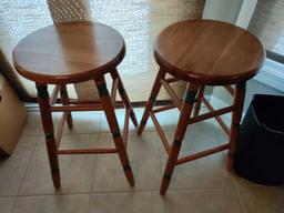 K- (2) Wood Counter Stools and Trash Cans