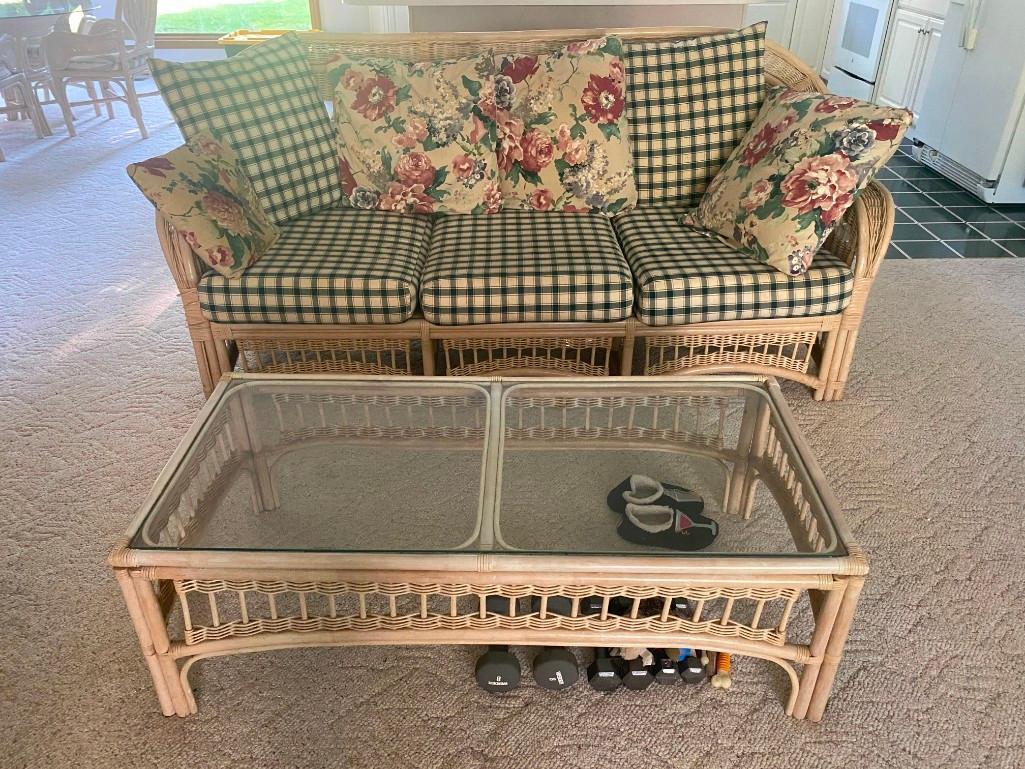 H- Wicker Table With Glass Top, (4) Chairs, Couch, and Coffee Table