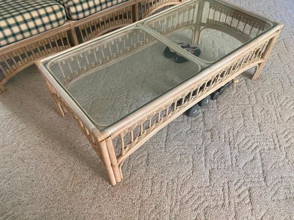 H- Wicker Table With Glass Top, (4) Chairs, Couch, and Coffee Table