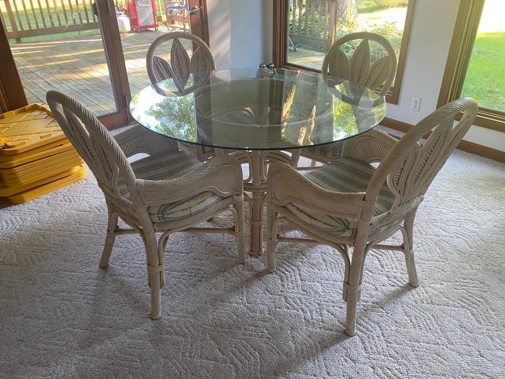 H- Wicker Table With Glass Top, (4) Chairs, Couch, and Coffee Table