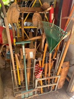 Rack with Lawn Tools, Shovels, Post Hole Digger, Rakes, etc and Drum