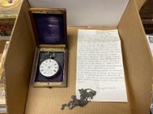 TUCKETT POCKET WATCH DATE MARKED 1866, COMPLETE W CHAIN AND WOOD BOX WITH IVORY INLAY, REFER TO