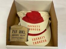 LOT OF 2 TUCKETT TOBACCO PAINTERS HATS, W TOBACCO POUCH