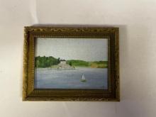 1937 LORNE FETHERSON SMALL SAILBOAT PAINTING IN WOOD FRAME APPROX 4 X 3 IN