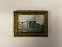 LORNE FETHERSON TRAIN & STEAMSHIP PAINTING IN WOOD FRAME APPROX 4 X 3 IN