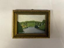 1937 LORNE FETHERSON BRIDGE PAINTING IN WOOD FRAME APPROX 4 X 3 IN