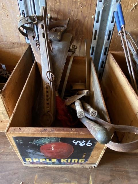 Box of Antique Tools and Horse Collar