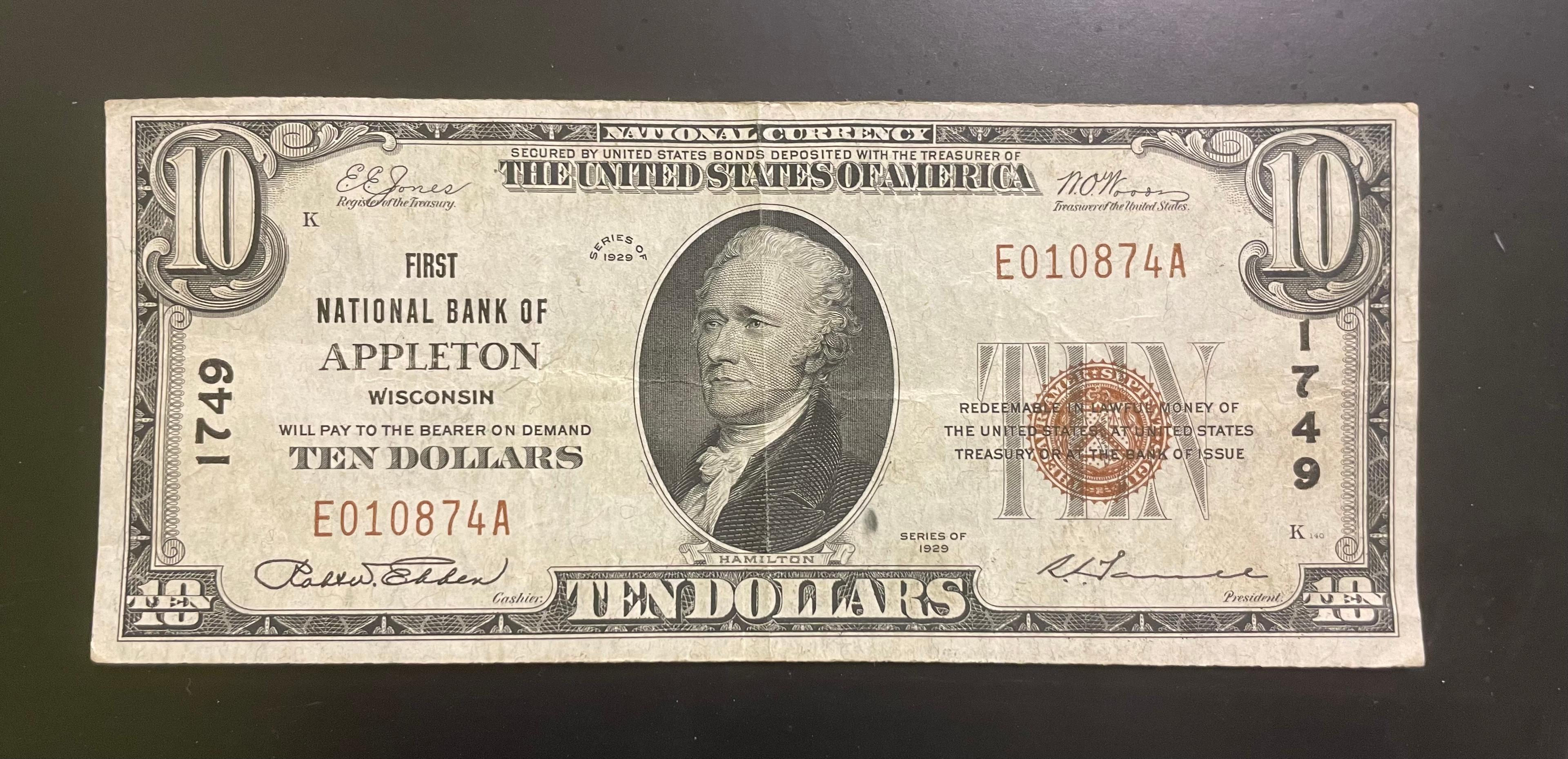 $10 - 1929 Bank of Appleton WI Brown Seal Note