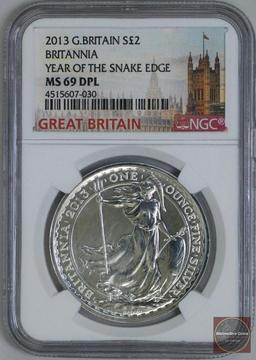 2013 Great Britain Silver Britannia Year of the Snake Edge 1oz (NGC) MS69DPL