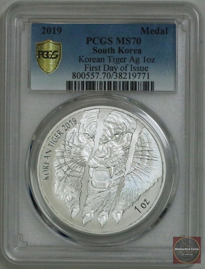 2019 South Korea Tiger 1oz. .999 Fine Silver (PCGS) MS70