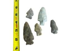 Arrowheads Indian Artifacts Lot of 5 Coshocton Co Ohio longest 2 3/4" Flint