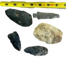 Arrowheads Indian Artifacts lot of 5 found in Tuscarawas Co Ohio longest 3" Flint