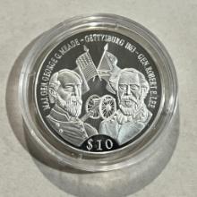 2000 American Mint "Civil War" .999 fine silver Liberia $10 coin, 8.5 grams
