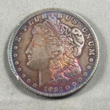 1921 Morgan Silver Dollar, artificially toned, 90% silver