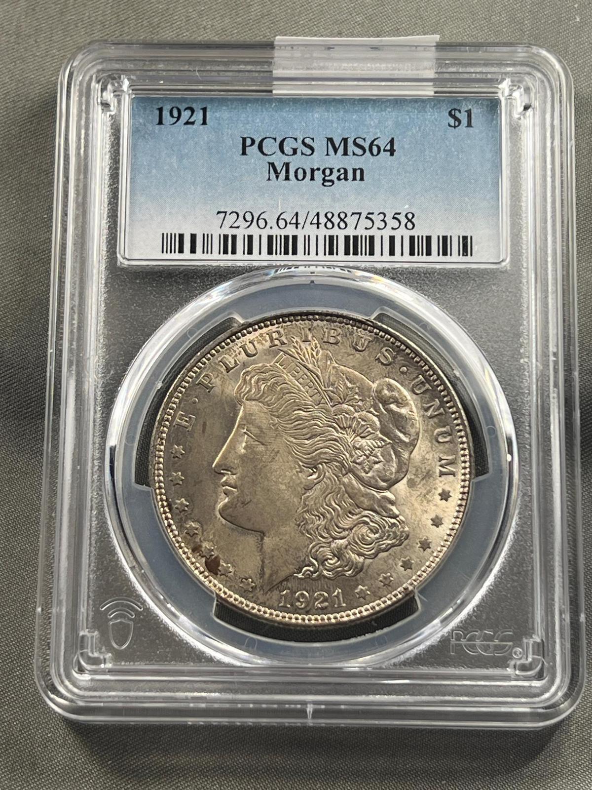 1921 Morgan Dollar in PCGS MS64 Holder