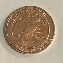 ONE OUNCE .999 COPPER ROUND, MADE IN THE LIKENESS OF A 1921 PEACE DOLLAR