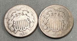 2- 1864 US 2 Cent Pieces, one is a weak date, Civil War Coin